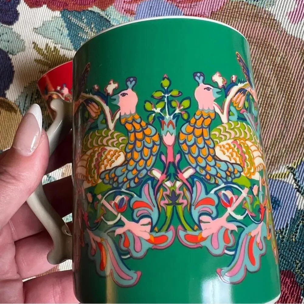 2 WILLIAM MORRIS Coffee Mugs Peacock Floral Cups Red Green Pink Bird Ornate